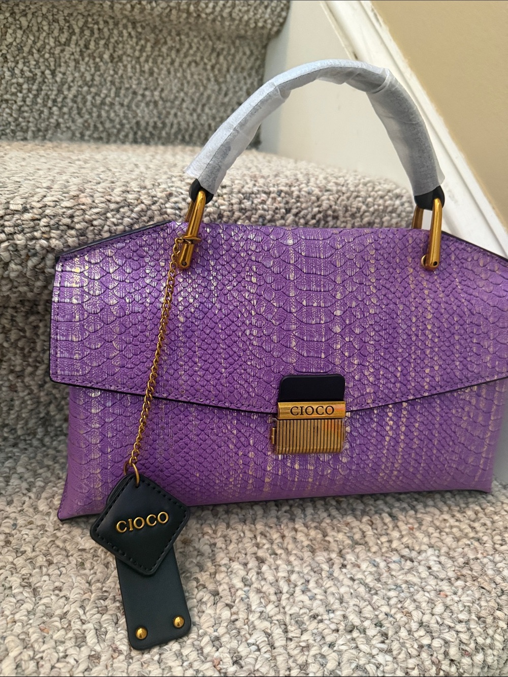 Purple Textured Snake Kin Top-Handle Bag - Picture 3 of 7